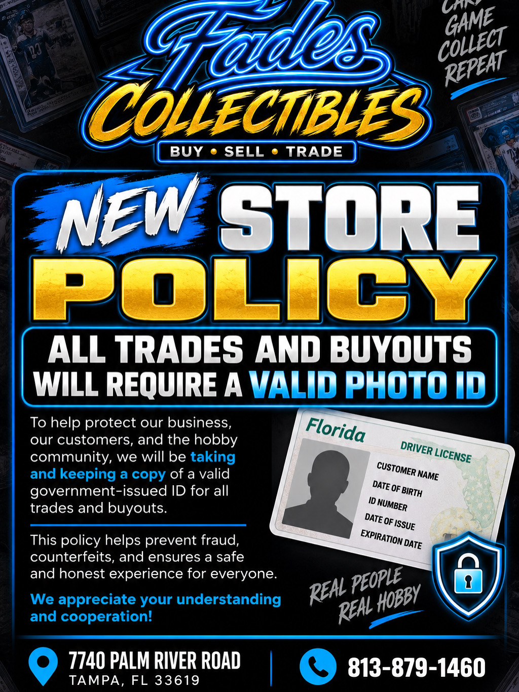 Fades Collectibles new store policy flyer: all trades and buyouts require a valid photo ID